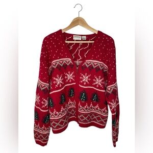 Vintage Fair Isle Christmas V-Neck Sweater Cardigan Cropped Wool Size XL